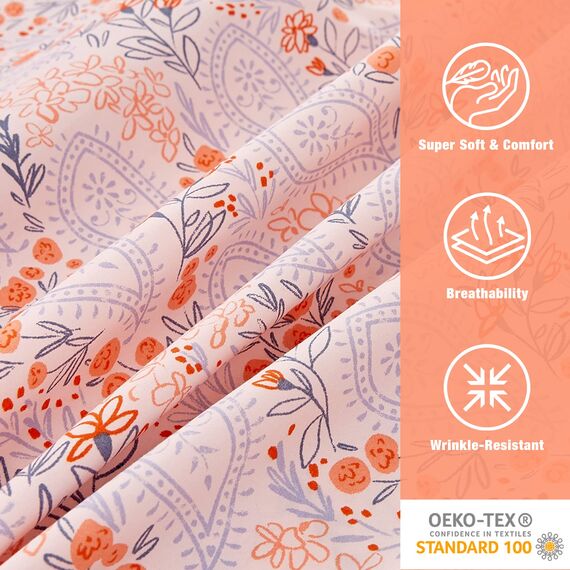 JSD Bettlaken-Set mit orangefarbenem Blumenmuster, Queen-Size-Größe, Blauer Paisleymuster, Mikrofaser, 4-teilig, weich, knitterfrei