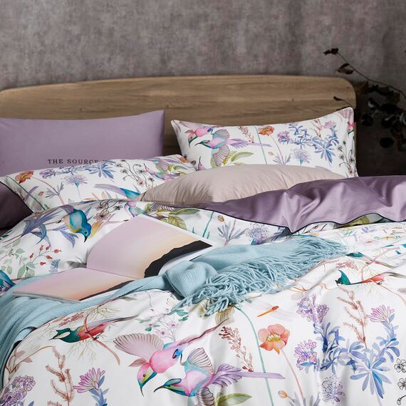mixinni Queen-Size-Bettbezug, violette Blumen, Vogel, Bettwäsche-Set, Shabby-Chic-Stil, Boho, langstapelig, Baumwolle, Bettbezug-Set mit Reißverschlüssen, 1 Bettbezug + 2 Kissenbezüge, ultraweich,