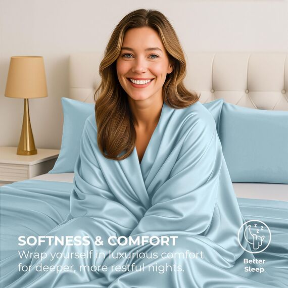Satin Sheets King [4-teilig, SkyBlue] Luxuriöses seidiges Hotel-Bettwäsche-Set, extra weiches 1800 Mikrofaser, knitterfrei, farbecht, schmutzabweisend, tiefes Spannbetttuch, Bettlaken, Kissenbezüge