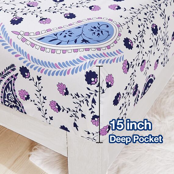 JSD Bettwäsche-Set mit Paisley- und Blumenmuster, Queen-Size, 4-teilig, weich, Mikrofaser, extra Tiefe Taschen