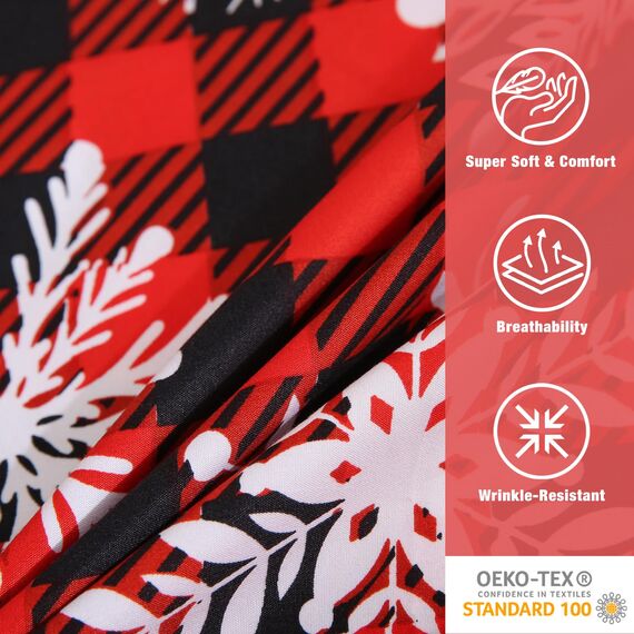 JSD Buffalo-Plaid-Schneeflocken-Bettwäsche-Set, Queen-Size, 4-teilig, Weihnachts- und Winter-Mikrofaserbettwäsche, extra tiefe Taschen, Rot