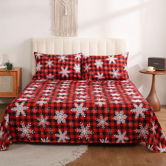 JSD Buffalo-Plaid-Schneeflocken-Bettwäsche-Set, Queen-Size, 4-teilig, Weihnachts- und Winter-Mikrofaserbettwäsche, extra tiefe Taschen, Rot