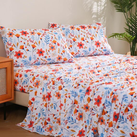 JSD Bettwäsche-Set mit Blumenmuster, King-Size, 4-teilig, Mikrofaser, Tiefe Taschen