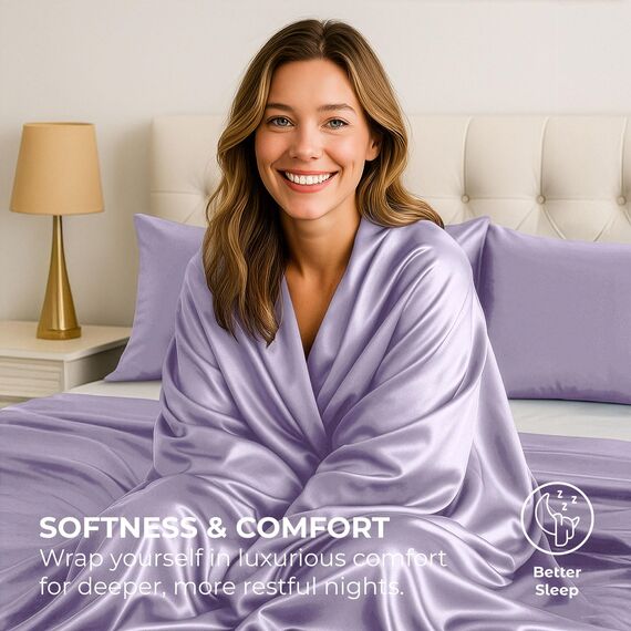 Satin Sheets King [4-teilig, Lavendel] Luxuriöses seidiges Hotel-Bettwäsche-Set, extra weiches 1800 Mikrofaser, knitterfrei, farbecht, schmutzabweisend, tiefes Spannbetttuch, Bettlaken, Kissenbezüge