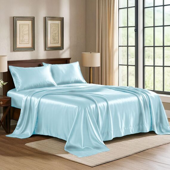 Satin Sheets King [4-teilig, SkyBlue] Luxuriöses seidiges Hotel-Bettwäsche-Set, extra weiches 1800 Mikrofaser, knitterfrei, farbecht, schmutzabweisend, tiefes Spannbetttuch, Bettlaken, Kissenbezüge