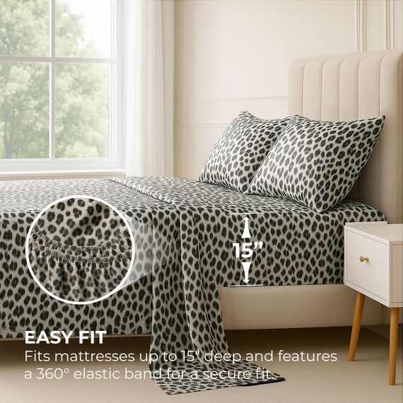 Satin Sheets King [4-teilig, silberner Leopardenmuster], luxuriöses seidiges Hotel-Bettwäsche-Set, extra weiches 1800 Mikrofaser, knitterfrei, farbecht, schmutzabweisend, tiefes Spannbetttuch