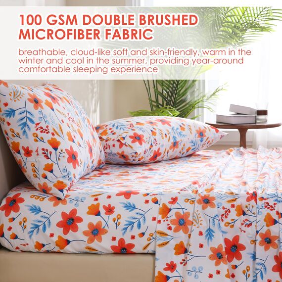 JSD Bettwäsche-Set mit Blumenmuster, King-Size, 4-teilig, Mikrofaser, Tiefe Taschen
