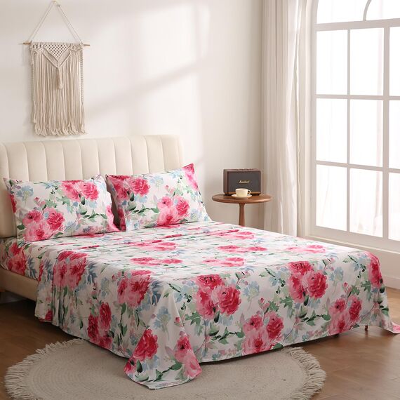 JSD Bettwäsche-Set mit Aquarell-Blumenmuster, California-King-Size, 4-teilig, weich, Bedruckte Mikrofaser, extra Tiefe Tasche, rosa