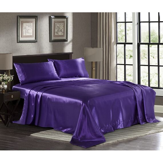 Satin-Bettlaken, King [4-teilig, lila] Hotel-Luxus-Bettwäsche-Set, seidig, extra weich, 1800 Mikrofaser, knitterfrei, farbecht, schmutzabweisend, tiefes Spannbetttuch, Bettlaken, Kissenbezüge