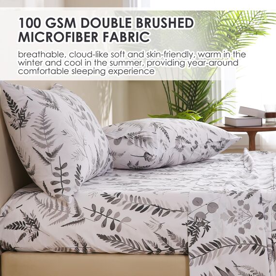 JSD Boho-Bettwäsche-Set mit Blumenmuster, California-King-Size, 4-teilig, graue Kräuter, Farne, Bedruckte Mikrofaser, Tiefe Taschen