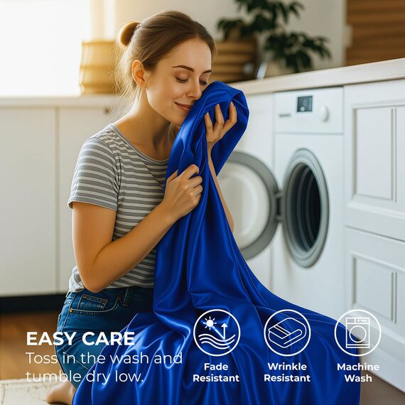 Satin Sheets California King [4-teilig, Marineblau] Luxuriöses seidiges Bettlaken-Set, extra weiches 1800 Mikrofaser, knitterfrei, farbecht, schmutzabweisend, tiefes Spannbetttuch, Bettlaken