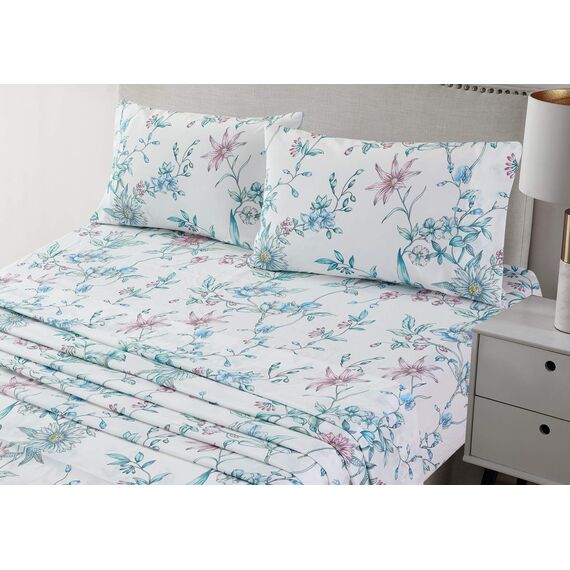 JSD Bettwäsche-Set mit Blumenmuster, Lange Doppelbett-Größe (California-King-Size), 4-teilig, Botanikmotiv, Mikrofaser, extra Tiefe Taschen, Weiß/Blau