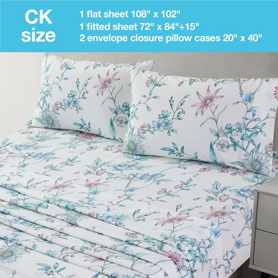 JSD Bettwäsche-Set mit Blumenmuster, Lange Doppelbett-Größe (California-King-Size), 4-teilig, Botanikmotiv, Mikrofaser, extra Tiefe Taschen, Weiß/Blau