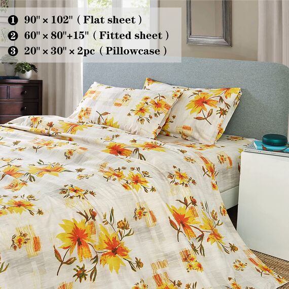 JSD Bettwäsche-Set mit Blumenmuster für Queen-Size-Betten, 4-teilig, weich gebürstete Mikrofaser, Tiefe Taschen