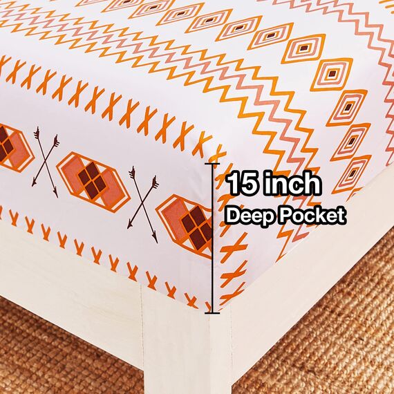 JSD Boho-bedrucktes Mikrofaser-Bettlaken-Set, Bettwäsche, Queen-Size-Größe, 4-teilig, orange, geometrisch, weiche Bettlaken und Kissenbezüge, extra Tiefe Tasche