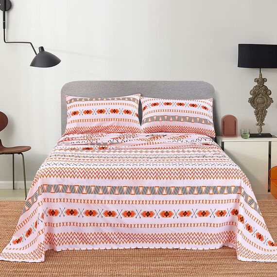 JSD Boho-bedrucktes Mikrofaser-Bettlaken-Set, Bettwäsche, Queen-Size-Größe, 4-teilig, orange, geometrisch, weiche Bettlaken und Kissenbezüge, extra Tiefe Tasche