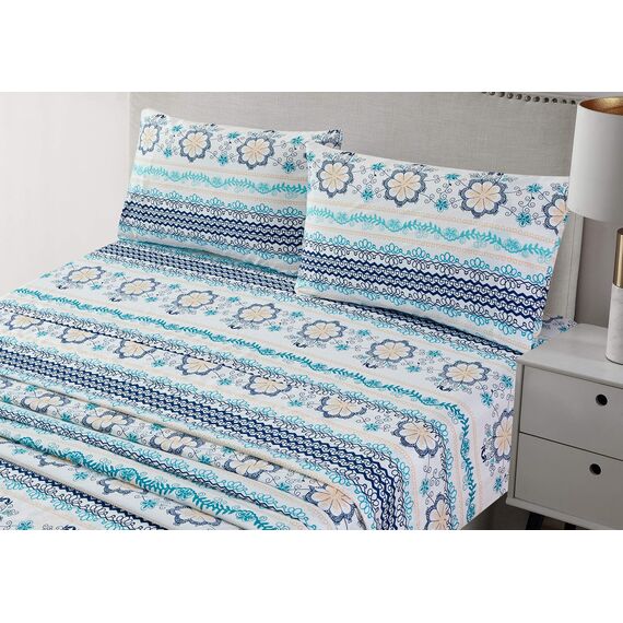 JSD Boho-Bettwäsche-Set mit Blumenmuster, Queen-Size, 4-teilig, weich, Mikrofaser-Bettlaken, extra Tiefe Taschen, Blau