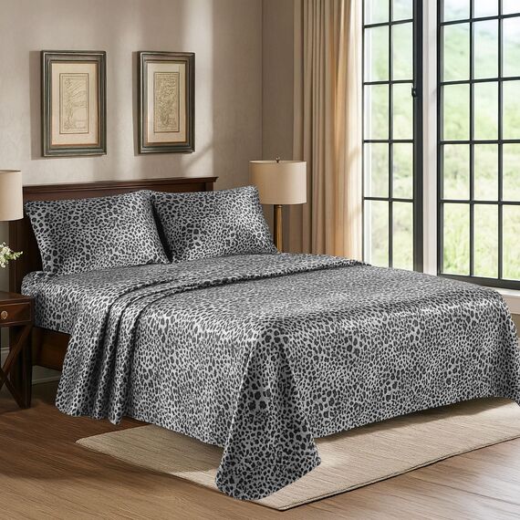 Satin Sheets King [4-teilig, silberner Leopardenmuster], luxuriöses seidiges Hotel-Bettwäsche-Set, extra weiches 1800 Mikrofaser, knitterfrei, farbecht, schmutzabweisend, tiefes Spannbetttuch