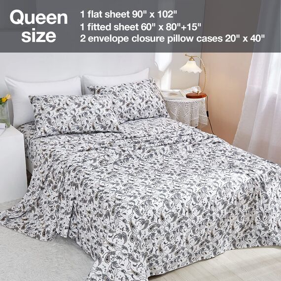 JSD Bettwäsche-Set mit Paisley-Motiv, Queen-Size, 4-teilig, weich Retro-Muster, Mikrofaser, extra Tiefe Tasche, grau