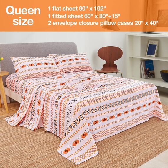 JSD Boho-bedrucktes Mikrofaser-Bettlaken-Set, Bettwäsche, Queen-Size-Größe, 4-teilig, orange, geometrisch, weiche Bettlaken und Kissenbezüge, extra Tiefe Tasche