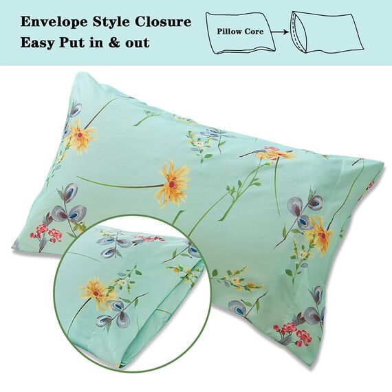JSD Bettwäsche-Set mit Blumenmuster, volle Größe, 4-teilig, weich, Botanikmotiv, Mikrofaser, extra Tiefe Taschen, grün