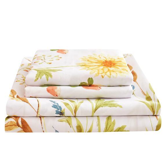 JSD 4-teiliges Bettlaken-Set mit gelbem Blumenmuster, weich, botanische Mikrofaser, extra Tiefe Tasche