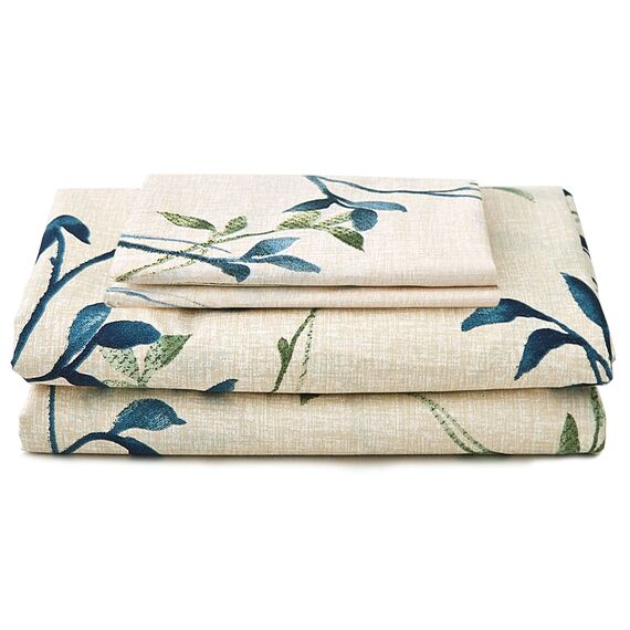 JSD Beigefarbene Blätter bedrucktes Bettlaken-Set, Kingsize, 4-teilig, botanisches Muster, Mikrofaser, extra Tiefe Tasche