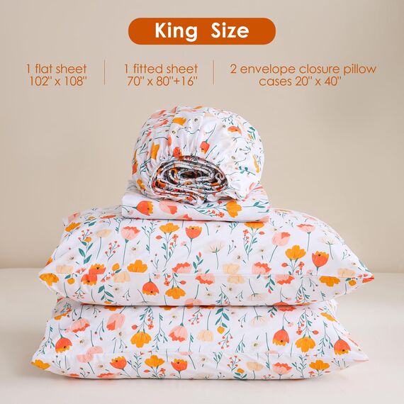 JSD Bettwäsche-Set mit Blumenmuster, lange Doppelbett-Größe (California-King-Size), 4-teilig, Frühlingsmotiv, Mikrofaser, tiefe Taschen