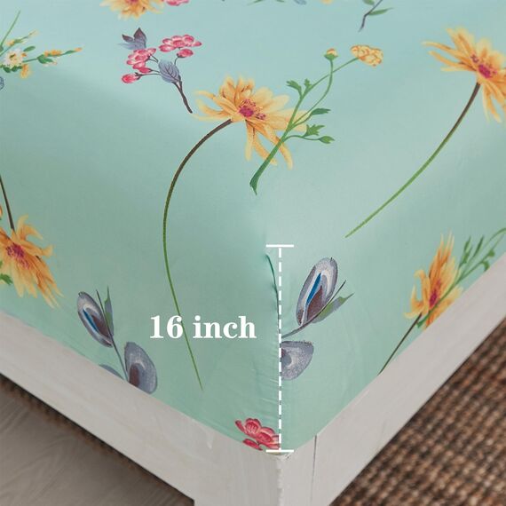 JSD Bettwäsche-Set mit Blumenmuster, volle Größe, 4-teilig, weich, Botanikmotiv, Mikrofaser, extra Tiefe Taschen, grün