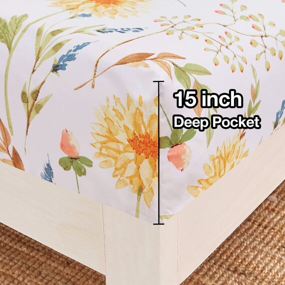 JSD 4-teiliges Bettlaken-Set mit gelbem Blumenmuster, weich, botanische Mikrofaser, extra Tiefe Tasche