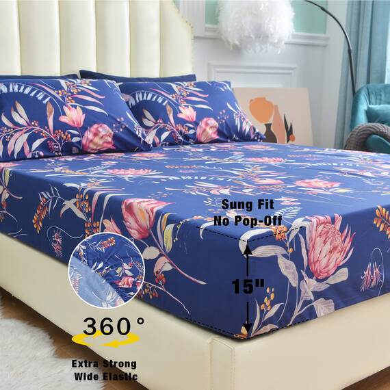 JSD Boho-Bettwäsche-Set mit Blumenmuster, Kingsize, 4-teilig, weich, Mikrofaser-Bettlaken, extra Tiefe Tasche, Marineblau