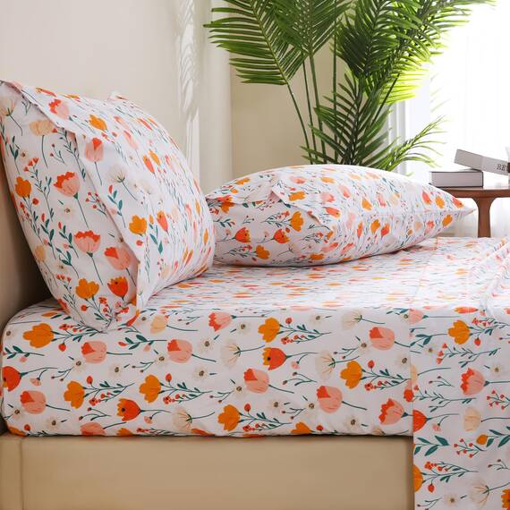 JSD 4-teiliges Bettwäsche-Set aus Mikrofaser, Bedruckt mit tiefem Beutel, Blumenmuster, für Doppelbett
