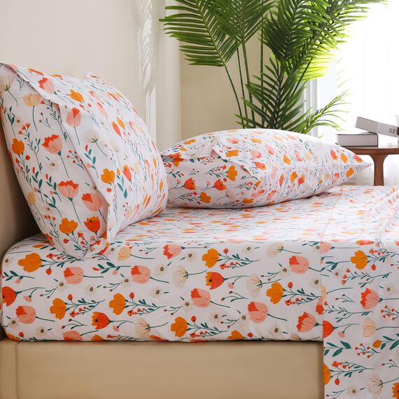 JSD Bettwäsche-Set mit Tulpenmuster, große Doppelbett-Größe (King-Size), 4-teilig, Frühlingsmotiv, Mikrofaser, Tiefe Tasche