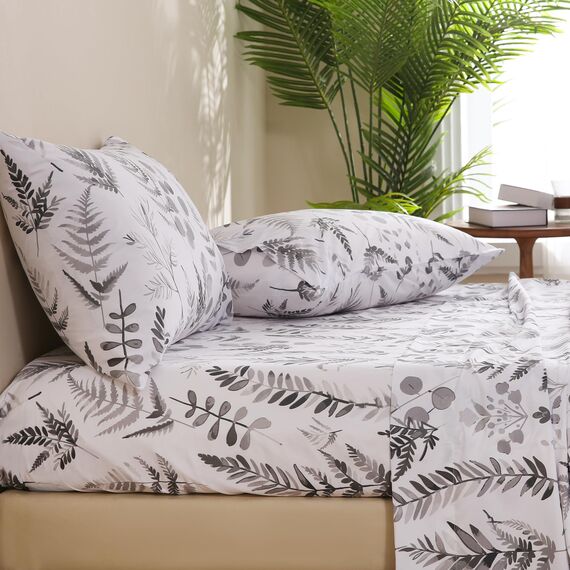 JSD Boho-Bettwäsche-Set mit Blumenmuster, King-Size, 4-teilig, Kräutermotiv, Farne, bedruckte Mikrofaser, tiefe Taschen, grau