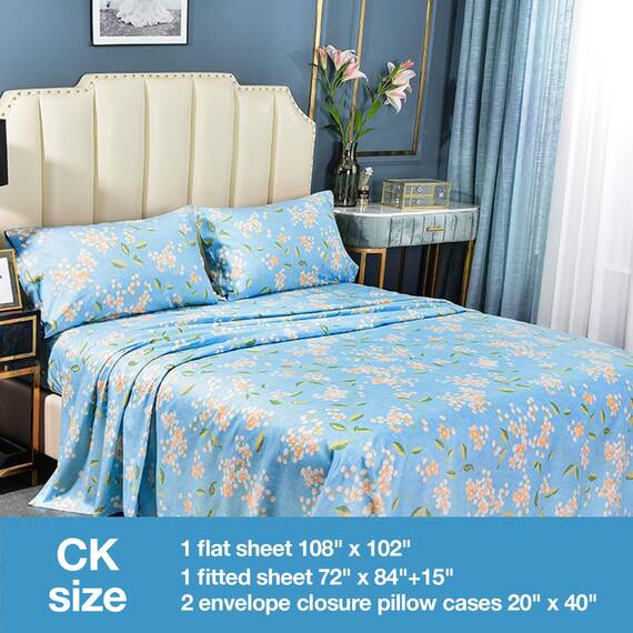 JSD Bettwäsche-Set mit Blumenmuster, lange Doppelbett-Größe (California-King-Size), 4-teilig, weich, Mikrofaser, extra tiefe Taschen, Blau