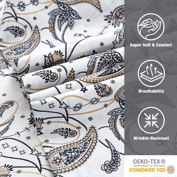 JSD Bettwäsche-Set mit Paisley-Muster, Lange Doppelbett-Größe (California-King-Size), 4-teilig, weich, Retro-Muster, Mikrofaser, extra Tiefe Taschen, Grau