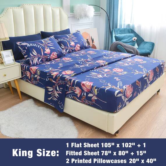 JSD Boho-Bettwäsche-Set mit Blumenmuster, Kingsize, 4-teilig, weich, Mikrofaser-Bettlaken, extra Tiefe Tasche, Marineblau