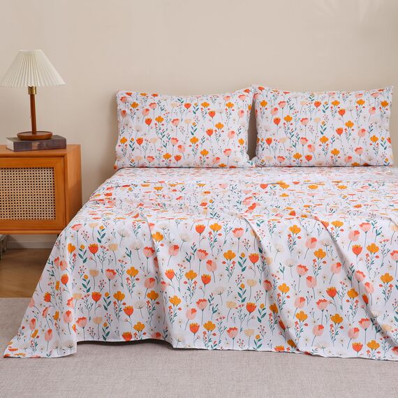 JSD Bettwäsche-Set mit Tulpenmuster, große Doppelbett-Größe (King-Size), 4-teilig, Frühlingsmotiv, Mikrofaser, Tiefe Tasche