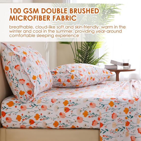 JSD Bettwäsche-Set mit Tulpenmuster, große Doppelbett-Größe (King-Size), 4-teilig, Frühlingsmotiv, Mikrofaser, Tiefe Tasche
