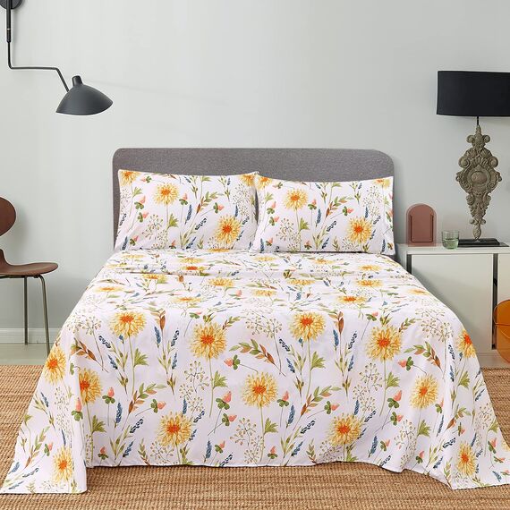 JSD 4-teiliges Bettlaken-Set mit gelbem Blumenmuster, weich, botanische Mikrofaser, extra Tiefe Tasche