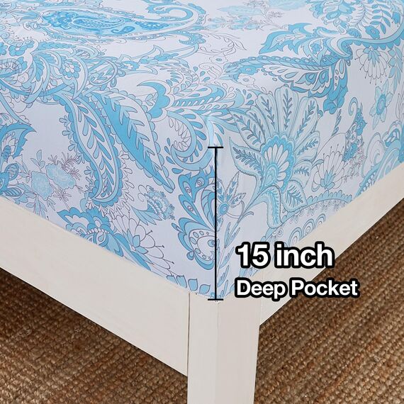 JSD Bettwäsche-Set mit Paisleymuster, King-Size, 4-teilig, weich Bedruckte Mikrofaser mit Blumenmotiv, extra Tiefe Taschen, blau