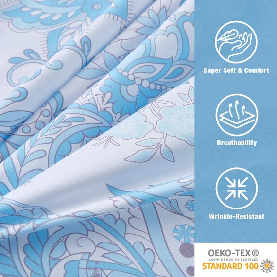 JSD Bettwäsche-Set mit Paisleymuster, King-Size, 4-teilig, weich Bedruckte Mikrofaser mit Blumenmotiv, extra Tiefe Taschen, blau