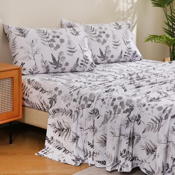 JSD Boho-Bettwäsche-Set mit Blumenmuster, King-Size, 4-teilig, Kräutermotiv, Farne, bedruckte Mikrofaser, tiefe Taschen, grau