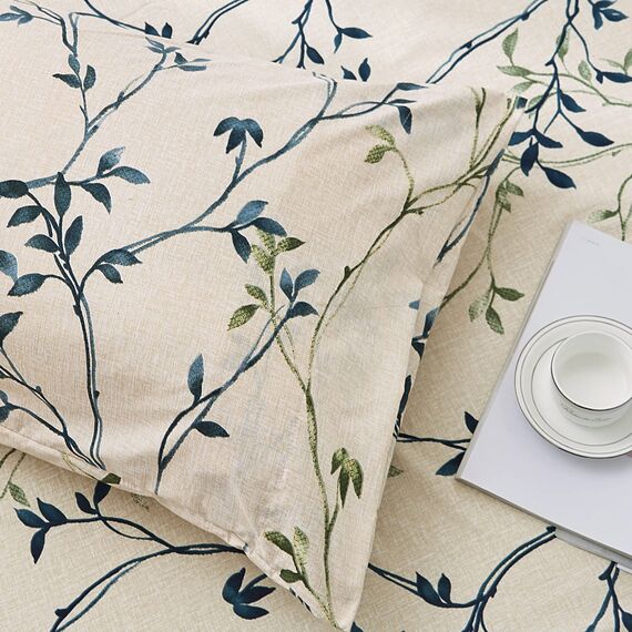 JSD Beigefarbene Blätter bedrucktes Bettlaken-Set, Kingsize, 4-teilig, botanisches Muster, Mikrofaser, extra Tiefe Tasche