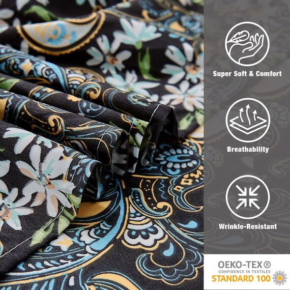 JSD Bettwäsche-Set mit Paisleymuster, California-King-Size, 4-teilig, weich, Mikrofaser, extra tiefe Tasche, schwarz