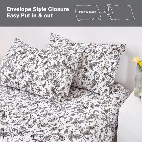 JSD Bettwäsche-Set mit Paisley-Muster, Lange Doppelbett-Größe (California-King-Size), 4-teilig, weich, Retro-Muster, Mikrofaser, extra Tiefe Taschen, Grau