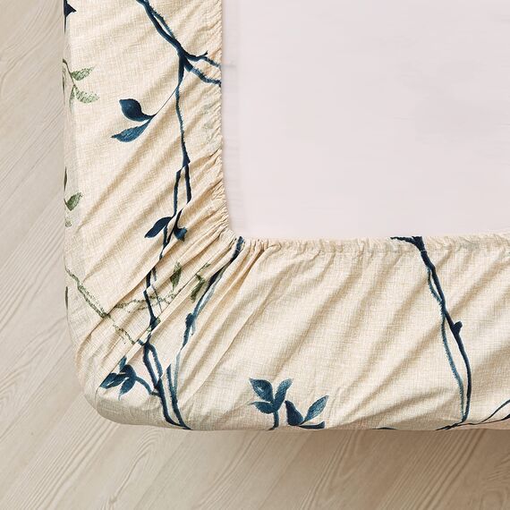 JSD Beigefarbene Blätter bedrucktes Bettlaken-Set, Kingsize, 4-teilig, botanisches Muster, Mikrofaser, extra Tiefe Tasche