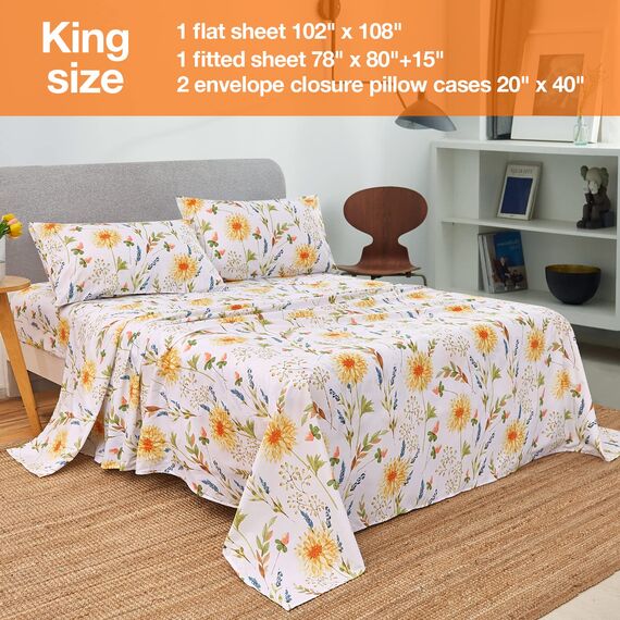 JSD Bettlaken-Set, Gelb mit Blumenmuster, King-Size-Bett, 4-teilig, weiche botanische Mikrofaser-Bettlaken und Kissenbezüge, Tiefe Tasche