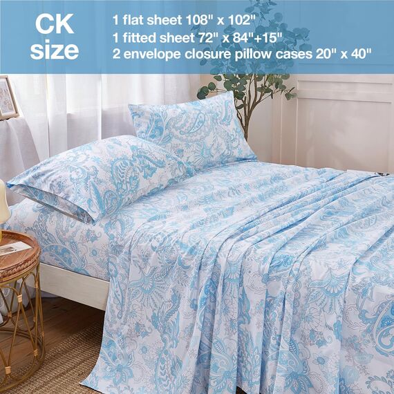 JSD Bettwäsche-Set mit Paisleymuster, King-Size, 4-teilig, weich Bedruckte Mikrofaser mit Blumenmotiv, extra Tiefe Taschen, blau
