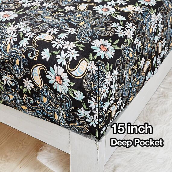 JSD Bettwäsche-Set mit Paisleymuster, Doppelbett-Größe (Full-Size), 4-teilig, weich, Mikrofaser, extra Tiefe Taschen, Schwarz